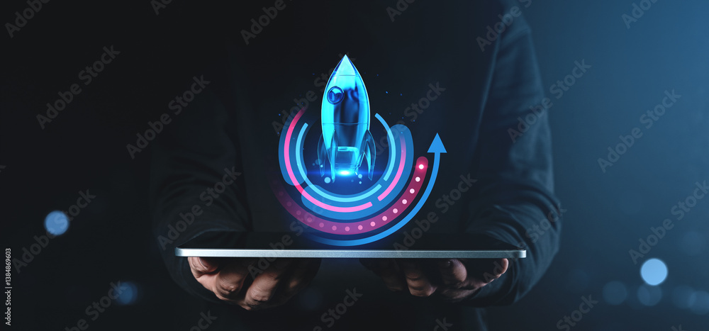 Aufkleber digital rocket startup concept with futuristic interface.