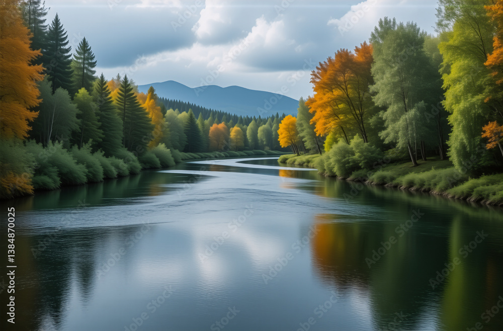 Poster a tranquil river meanders through a vibrant forest displaying autumn colors. trees with yellow, oran