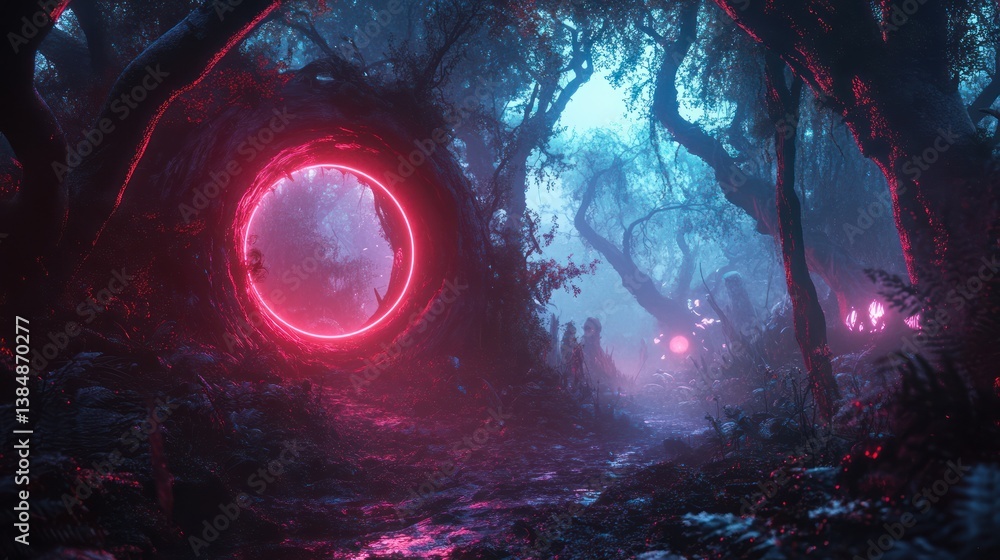 Poster neon portal in a mystical forest; surreal landscape; potential use for video game background
