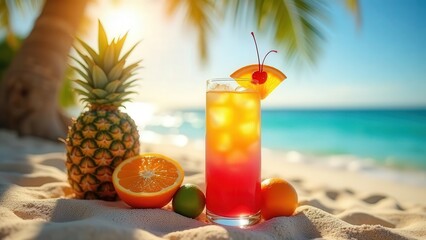 Tropical cocktail with fruit on a sandy beach with palm trees and ocean in the background