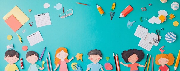 Diverse group of paper cut out children surrounding back to school themed paper craft objects