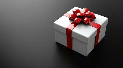 Black background highlights white gift box with red ribbon, isolated for holiday or birthday celebration marketing materials.