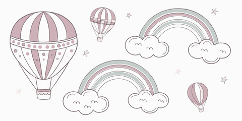 Cute Whimsical Pastel Hot Air Balloons Rainbows Clouds Stars Line Art Children's Nursery Printable Digital Download Illustration