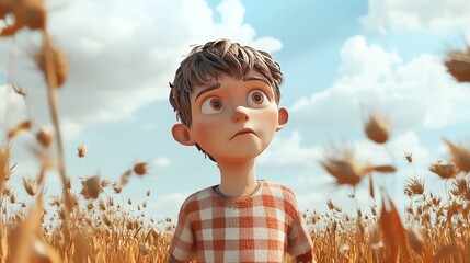 Cartoon boy character in wheat field looking up with sky and clouds background art illustration