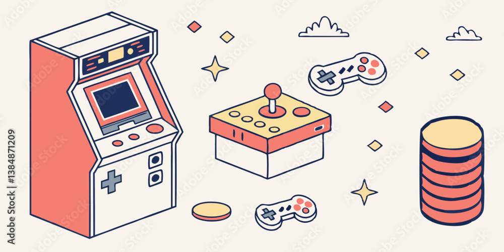 Poster retro pixel art isometric arcade game set joystick controllers coins