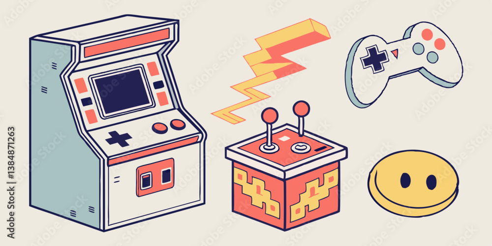 Poster retro video game arcade collection isometric vector art of arcade cabinet joystick gamepad lightning