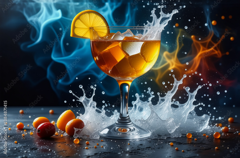 Aufkleber refreshing drink in glass with ice and lemon slice, liquid splashing dynamically, with fruits scatte
