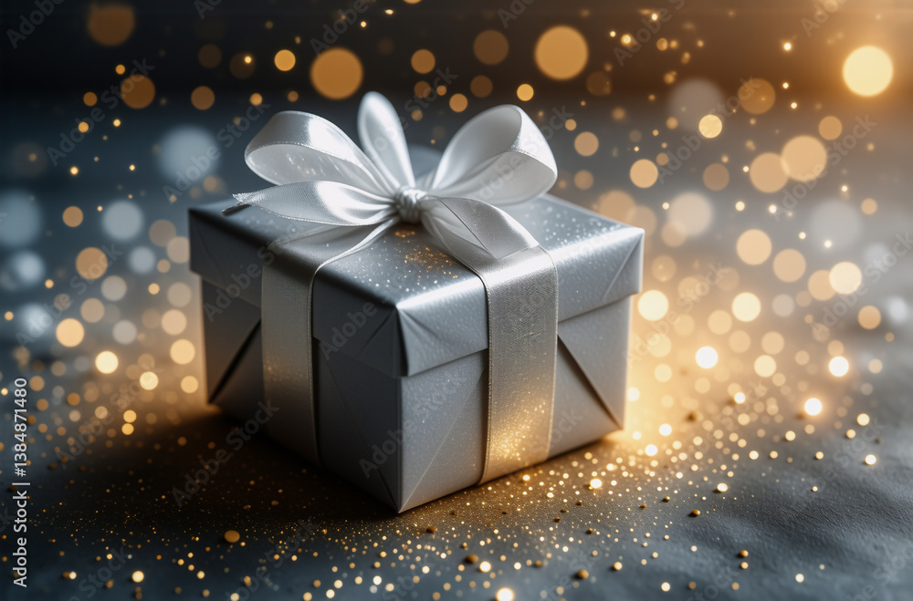 Poster silver gift box with white bow sits on a dark surface. bokeh lights and sparkles create a festive, c