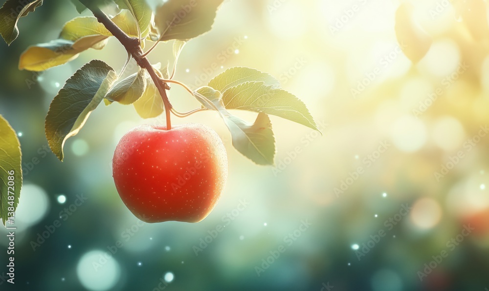 Poster fresh red apple hanging on tree branch with soft sunlight and bokeh background