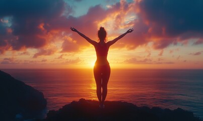 Fototapeta premium silhouette of woman with arms raised against vibrant sunset over ocean