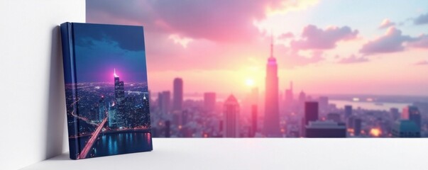 A book cover mockup against a plain white background with a futuristic cityscape at sunset, fiction novel, minimalism, soft focus