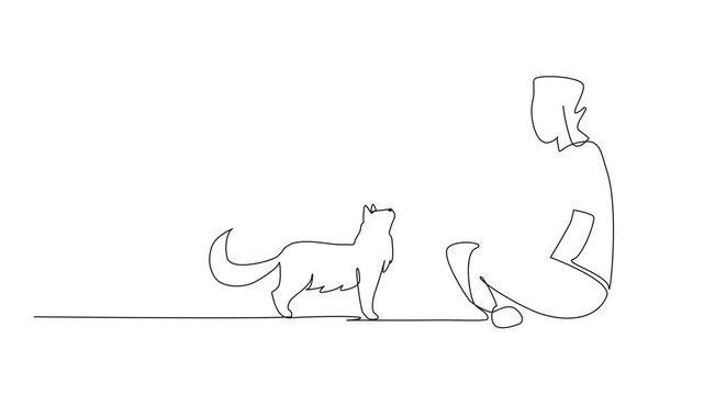 Animated self drawing of single one line drawing woman sitting cross-legged playing knitting ball with her cat. Train sensitivity of a cat. Increase bonding. National Pet Day. Full length animation