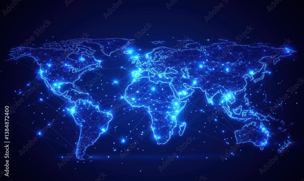 Poster digital world map with glowing connections and network nodes representing global communication