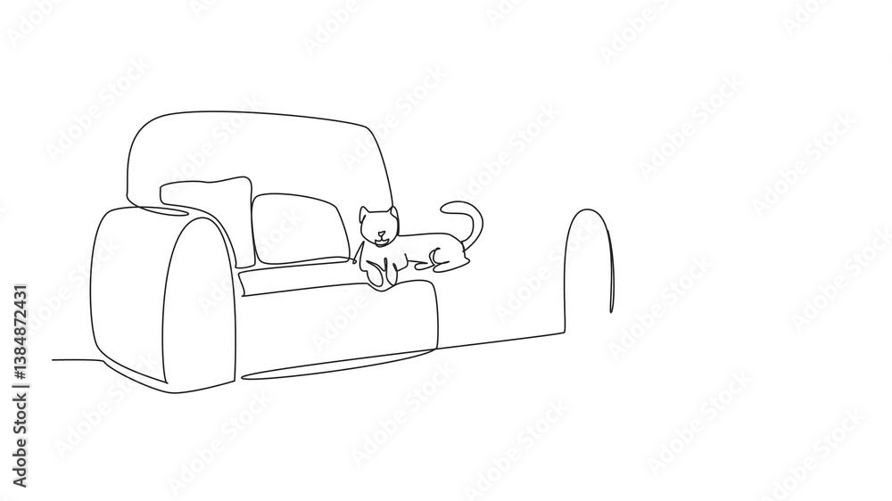 Poster self drawing animation of single continuous line drawing a cat lying on a very soft long sofa and an