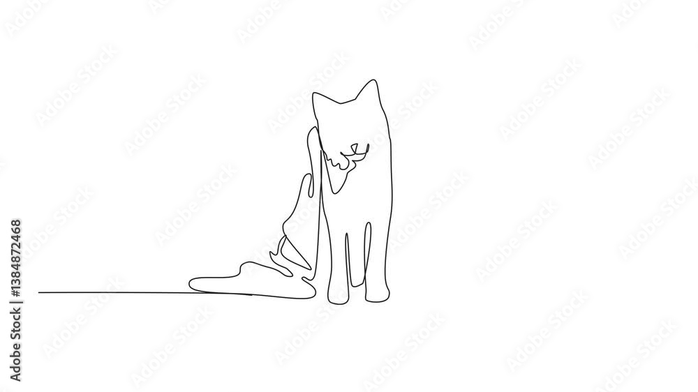 Poster animation of continuous one line drawing cat wearing a towel. health efforts by maintaining and prot