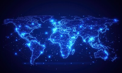 Fototapeta premium Digital world map with glowing connections and network nodes representing global communication