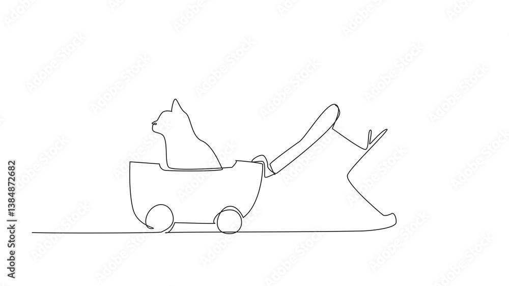 Poster animated self drawing of single one line drawing a boy is pushing a wheeled cart containing a cat. p