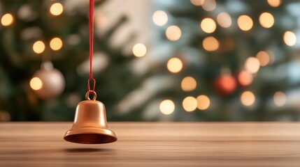 Obraz premium Festive Bell: A golden bell, suspended by a red string, hangs in front of a blurred background of a decorated tree with twinkling lights, evoking holiday warmth. 