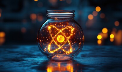 Glowing atom model inside glass jar with vibrant bokeh background