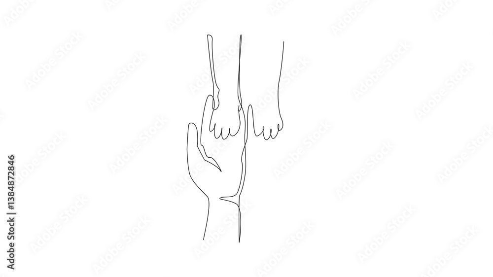 Poster self drawing animation of single continuous line drawing two palms of a person holding two palms of 