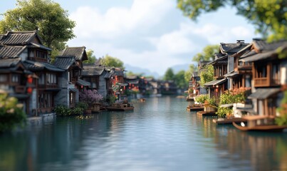 Fototapeta premium serene water town with traditional architecture and lush greenery along river