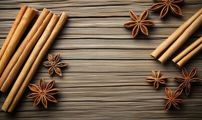 Fototapeta premium Cinnamon Sticks and Star Anise on Rustic Wooden Background for Culinary Use