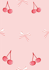 Pink cherry and pink, white transparent bow.Seamless pattern Vector.