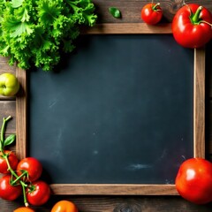 Chalkboard menu on rustic wooden table with fresh vegetables and fruits display, presentation, kitchen