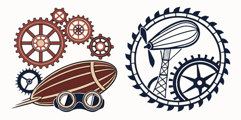 Vintage Mechanical Steampunk Airship Gears Goggles Vector Illustrations