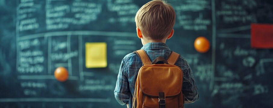 Schoolboy with backpack looking at chalkboard in classroom