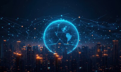 Futuristic city skyline with glowing digital globe and network connections