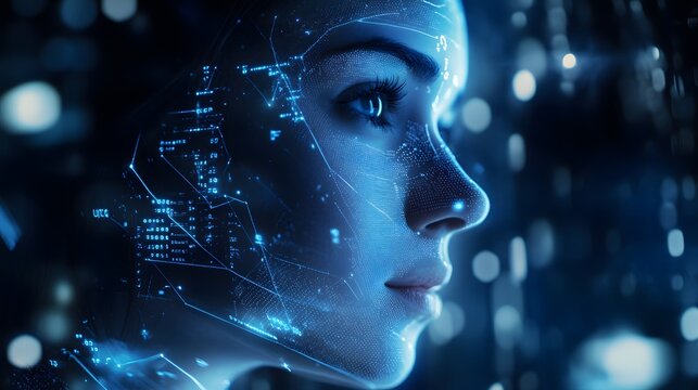Futuristic portrait depicting a digital human face with data visualization and glowing patterns, symbolizing advanced technology.