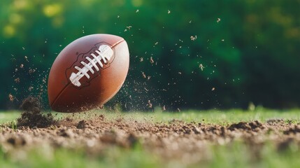 The American Football: Capturing the dynamic energy of an american football soaring through the air above a green field, embodying strength, agility, and competition.