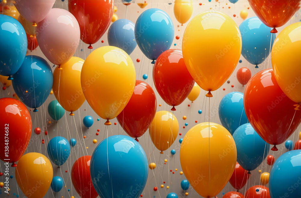 Poster a vibrant and cheerful image displays numerous colorful balloons floating upwards against a light ne