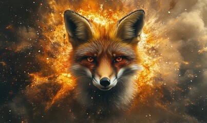 Fiery fox head with intense gaze amidst cosmic explosion background