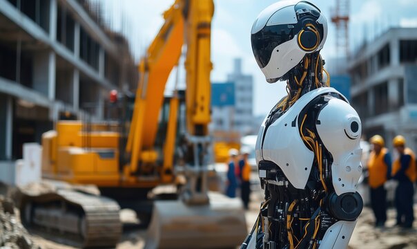 Advanced humanoid robot on construction site with heavy machinery and workers