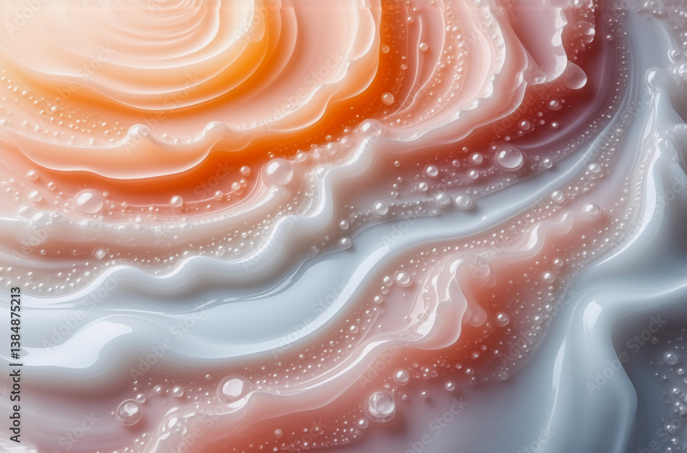 Poster Viscous orange and white substance with swirling patterns.  Droplets and waves create a smooth, glossy texture with soft, luminous highlights.