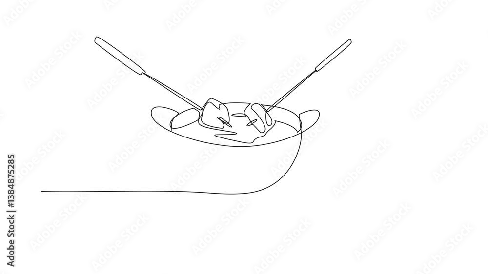 Aufkleber animation of single continuous line drawing pan containing liquid cheese. long fork is a tool to hel