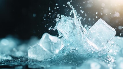 Obraz premium This stunning image captures the moment ice cubes splash into water, creating a beautiful interplay of droplets and reflections in an ethereal, vibrant setting.