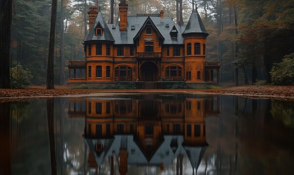 Hauntingly Beautiful Victorian Mansion Surrounded by Autumn Forest and Reflecting Pond - Powered by Adobe