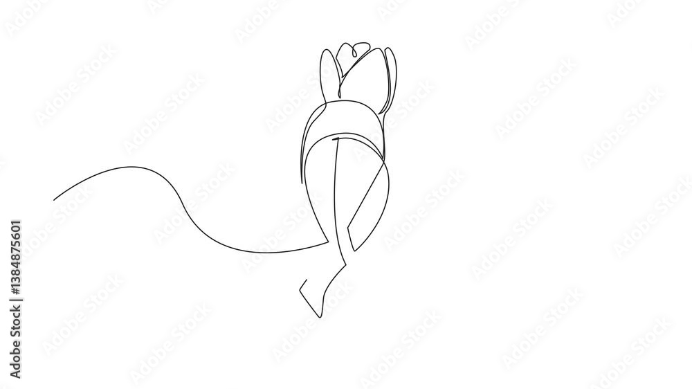 Poster animation of continuous one line drawing stemmed red tulips were placed in the middle of gray campai