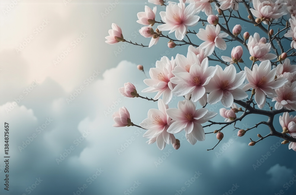 Poster gentle pink blossoms adorn a tree branch, creating a serene spring scene. soft petals contrast with 