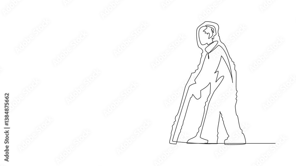 Poster self drawing animation of single continuous line drawing grandpa walks using cane. shaking when walk