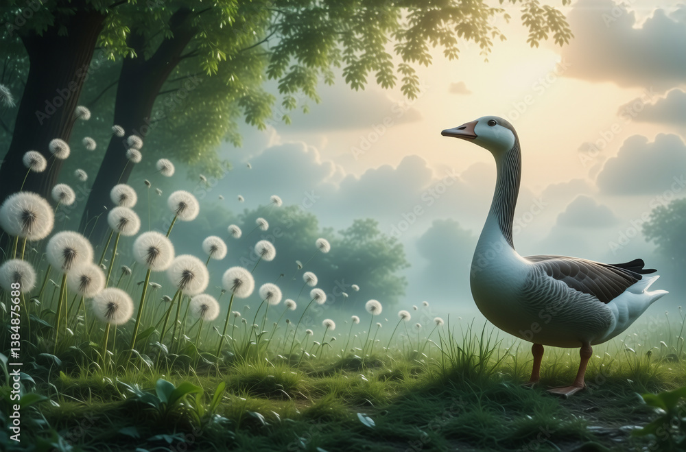 Poster a goose stands peacefully in a field of dandelions at sunset. soft clouds and trees create a dreamy,