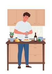 Male chef preparing pasta in a cozy kitchen setting  