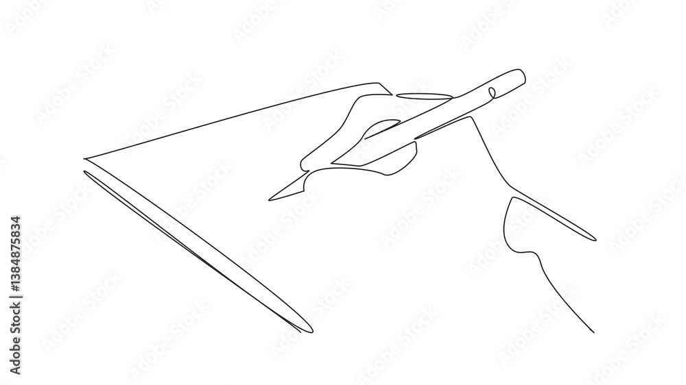 Poster self drawing animation of single one line drawing hands writing on paper using a pencil and shaking.
