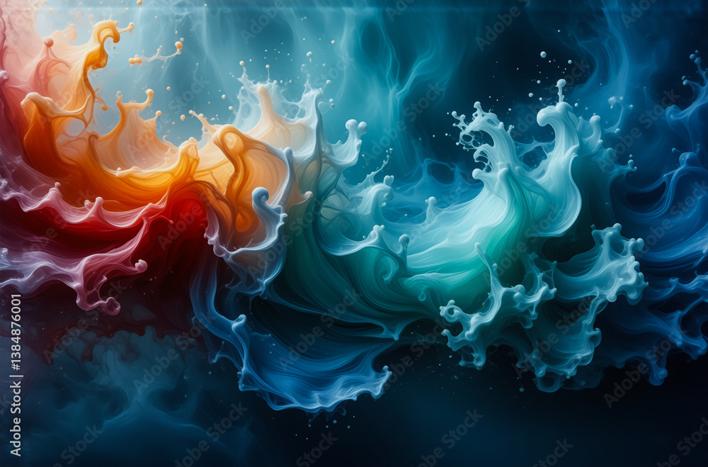 Aufkleber Vibrant abstract art shows swirling orange and red merging into cool blue and green.  Dynamic fluid motion creates a visually expressive and colorful composition.