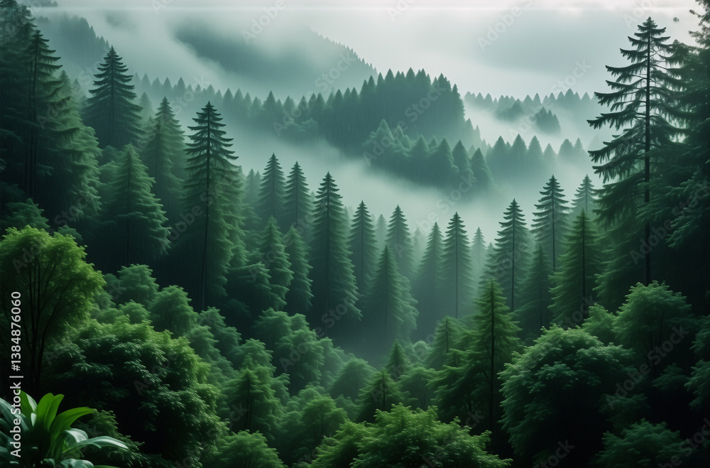 Poster a tranquil forest scene shrouded in a gentle mist. lush green trees densely cover the landscape, cre