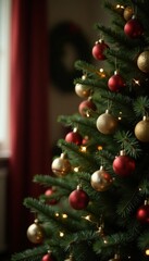 Dark brown Christmas tree branch with ornaments and lights in a cozy indoor setting, decorations, indoor