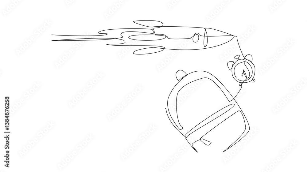 Poster animated self drawing of continuous one line drawing rocket flies across notebook. focus on studying